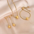 Polished 18K gold plated titanium steel jewelry set with sphere pendants and earrings - Necklace Bracelet And Earrings Set (617) / Gold