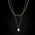 Double-layered golden titanium necklace with paperclip chain and white pearl pendant - Double Layer Artificial Pearl Necklace (H6007) - Gold