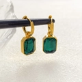 18K gold plated vintage rectangular emerald drop earrings with geometric design - Emerald Green