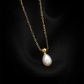 French minimalist 18k gold pearl necklace with water drop pendant on black silk - Perfume Bottle Teardrop Artificial Pearl Necklace (H52) - Gold
