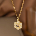 Golden titanium necklace with floral diamond pendant and love projection lens - Projection Flower (9087) / Gold