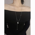 Elegant long faux pearl sweater necklace with silver pull chain on black knit top - 70cm Adjustable Artificial Pearl Tassel Sweater Chain (H6031) / Steel