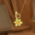 Elegant gold flower necklace with green petals and yellow gem center for women - Colorful Zirconia Flower Necklace (Gold)