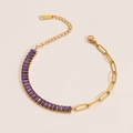 18k vergoldetes Edelstahl-Armband mit rechteckigen lila Zirkonia-Steinen im Paperclip-Design - Violetter Strass (Style 02)