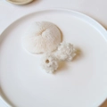 White plush pom-pom earrings with golden metal fasteners on a white decorative dish - White