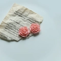 3D resin pink rose flower stud earrings with detailed petals on vintage paper - Pink