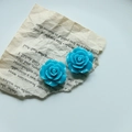 Sky blue 3D resin rose flower stud earrings with detailed multilayer petals - Blue