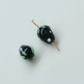 Handmade oval black glass bead with green and white polka dots on a golden metal pin - Strawberry Style (40#) / 1 Piece / Black