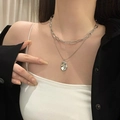 Silver double layer necklace with paperclip chain and irregular lava pendant for women - Steel