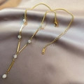 Collar en Y dorado de acero inoxidable con bola de cristal pavé sobre seda - Bola de Strass Blanco
