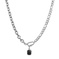 Collar de acero de titanio con colgante de circón negro rectangular y cadena de plata gruesa - Estilo Gema Negra