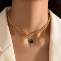 Collier ras du cou doré vintage avec pendentif émeraude et fermoir à bascule en T - Or (23661-gold)