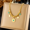 Bohemian gold plated stainless steel snake chain necklace with turquoise sun pendant - Sun Motif Turquoise Snake Chain (N1822)