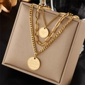 Gold multi-layer layered necklace set with cuban chains and engraved coin pendants - Triple Merci French Disc (N1707)