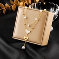 Double-layer gold chain necklace with white pearls and heart-shaped shell pendant - Double Layer French Pearl Heart (N2528)
