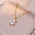 Golden clover necklace with white cat eye stone petals and zircon inlay on satin - White