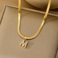 Gold letter M pendant necklace with cubic zirconia on a flat snake chain - Letter M