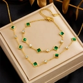 Elegant gold plated stainless steel jewelry set with square emerald gems and zircons - Necklace and Bracelet Set (N2419 B1092)