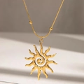 Golden stainless steel sun pendant necklace with spiral texture and snake chain - Spiral Sun Necklace (H1242) / Gold