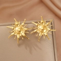 Minimalist golden sunflower studs in matte finish displayed on silk for an elegant look - Gold Sunburst Radiant Style (C9729)