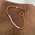 Elegant asymmetrical artificial pearl bracelet with gold chain and OT buckle for women - Artificial Pearl Bracelet (E10)