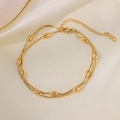 Zweilagiges goldenes Edelstahl-Schlangenkettenarmband mit ovalen Perlen und Karabinerverschluss - Ovales Perlen Schlangenketten-Fußkettchen (Gold)