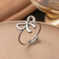 Elegant adjustable silver bow ring with polished titanium steel finish on silk fabric - Bowknot Ring (JZF139) / Steel