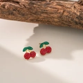 Sparkling red cherry stud earrings with green crystal leaves in gold finish - Cherry Shape Stud Earrings (QYG359) / Gold