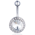 Silver belly button ring with large round central zircon and sparkling rhinestone halo - White