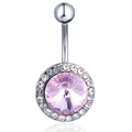Polished silver navel ring featuring a large pink crystal with white rhinestone halo - Light Pink