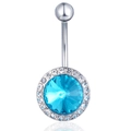 Detailed macro view of silver belly ring with sky blue gemstone and crystal halo - Lake Blue