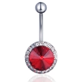 Detailed view of silver navel ring featuring a large red zircon stone and crystal halo - Red