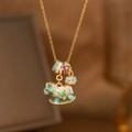 Gold rocking horse pendant necklace with colorful enamel rings and dreamlike carousel charm - Gold Necklace / Blue Pink Horse (9191)