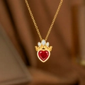 Golden crown heart necklace featuring a large red gemstone pendant for women - Red Diamond Crown Style (Gold) (9254)