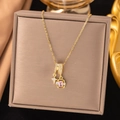 Gold-plated necklace with a rectangular pink pendant and a small paved star charm - Pink Diamond Star Style (8295)