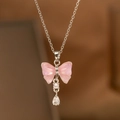 Pink bow pendant necklace with sparkling white zircons and fine silver chain - Silver(9198)