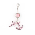 Detail of silver belly ring featuring pink rhinestones with cross and anchor charms - Light Pink