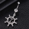 Polished silver navel ring with nautical ship wheel and anchor pendant with rhinestones - White