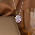 Elegant silver crown necklace featuring a sparkling heart-shaped pink gemstone pendant - Pink Diamond Crown Style (Silver) (8161)