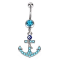 Naval anchor belly button ring with turquoise stone and blue evil eye charm - Anchor Shape / Anchor