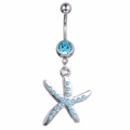 Silver starfish navel ring with blue gems and nautical pendant on white background - Starfish Shape / Starfish