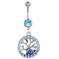 Silver belly button ring with Tree of Life pendant and blue Evil Eye charm - Tree of Life Shape / Happiness Tree