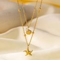 Collar de doble capa dorado con estrella de mar y perla en cadenas de acero inoxidable - Collar de Doble Capa con Perla Artificial Estrella de Mar y Concha (H1057) / Dorado