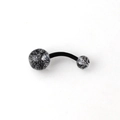 Detailed view of UV acrylic belly ring with black speckled marble pattern on curved bar - Black