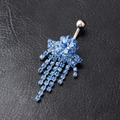 Silver belly button ring with blue crystal flower and cascading rhinestone tassels on leather - Light Blue