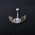 Silver belly button ring with crystal wings and iridescent center gem on black leather - Bronze AB Rhinestone