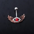 Navel ring with rose gold wings and central red rhinestone on a black background - Copper Red