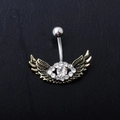 Navel ring with bronze wings and sparkling white crystals on a black leather background - Bronze White