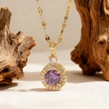 Elegant 18K gold plated necklace featuring a faceted purple zircon heart pendant with pavé crystals - Round Style (8055) / Gold