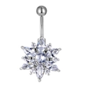 Polished silver navel ring featuring a sparkling snowflake flower with zircon petals - White